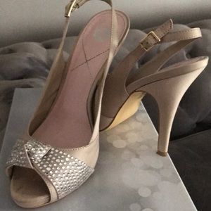 Champagne peep toe heels with rhinestones